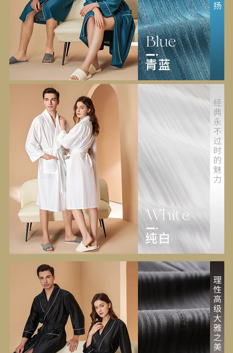 New Stripe Couple Bathrobe Cool Thin Spring Autumn Mid-Length Water Absorbent Loungewear Robe Men Women Luxury Home Nightgown