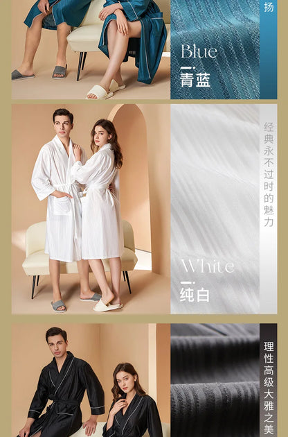 New Stripe Couple Bathrobe Cool Thin Spring Autumn Mid-Length Water Absorbent Loungewear Robe Men Women Luxury Home Nightgown