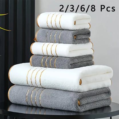 2/3/6/8 Pcs Bath Towel Set White & Gray with Gold Accents, Soft Absorbent Premium Towels for Home, Hotel & Bathroom