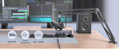 FIFINE Podcast Microphone Audio Mixer Headset Kit with Boom Arm for PC,Recording Studio Microphone for Youtube-K688/H8/Ampli1