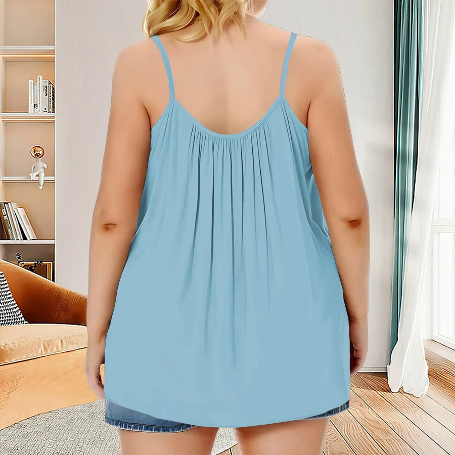 Plus Size Solid Ruched Cami Vest Top - Soft Slight Stretch Polyester Fabric, Crew Neck, Sleeveless, Machine Washable - Perfect F