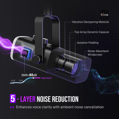 FIFINE USB/XLR dynamisk mikrofon med RGB, hörlursuttag och mute