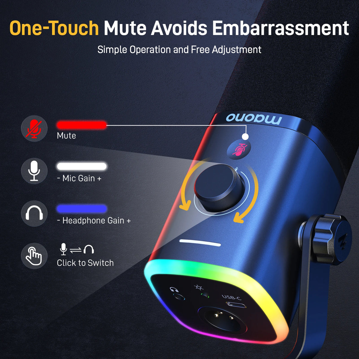 MAONO PD100X Dynamic Microphone. Software Noise Reduction Included. RGB Gaming Mic. Enhances Gaming Experience. Ideal for Record