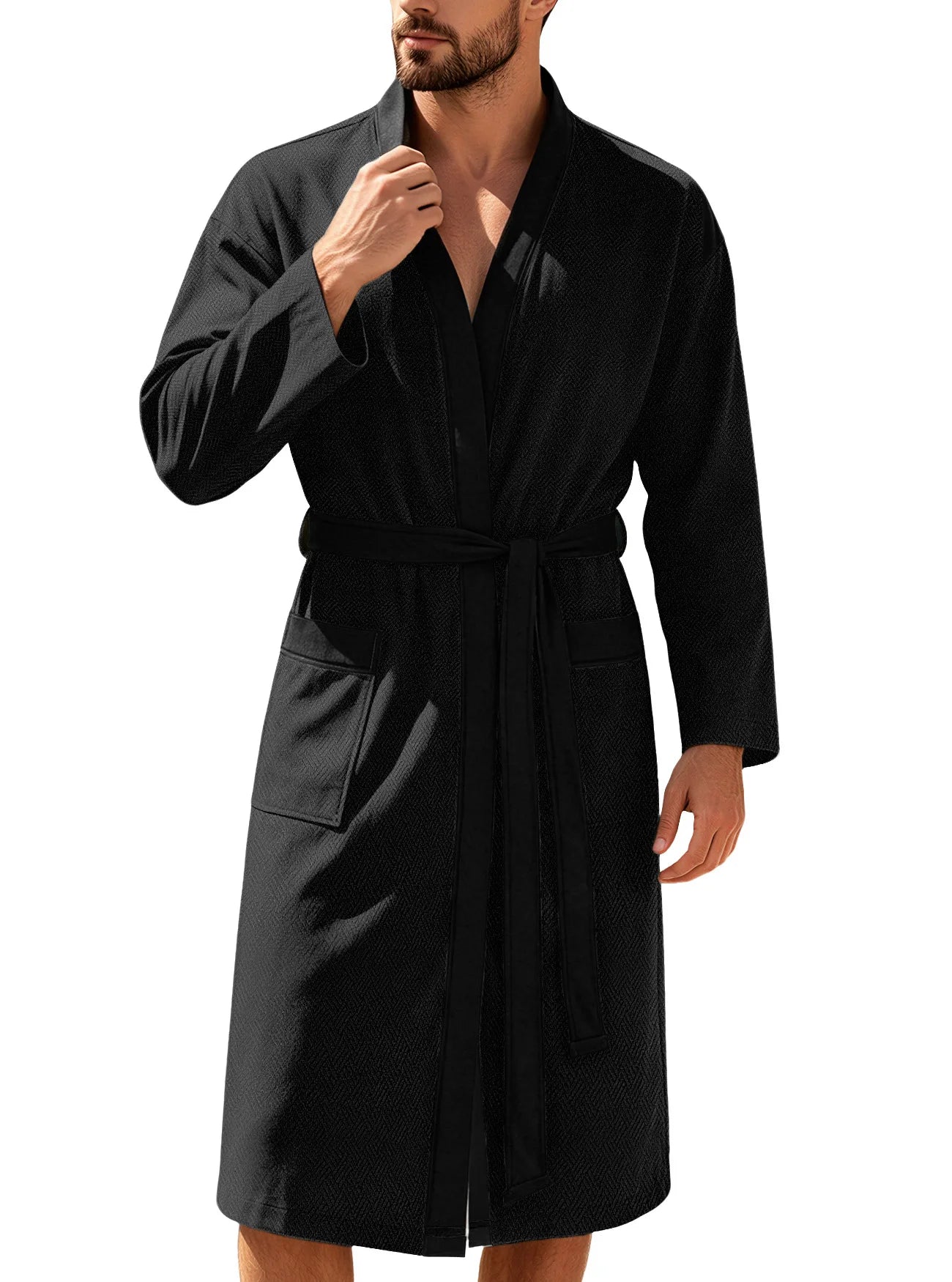 Men's Twill Fabric Long Bathrobe with Belt Design, Double Pockets, Casual Home Pajamas, Loose Fit, Hotel Resort Style, Nightwear
