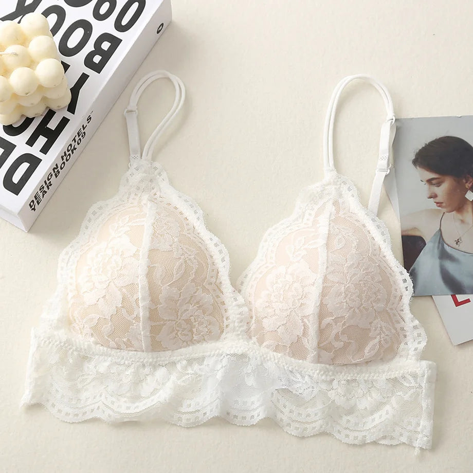 Lace Triangle Bralette Wireless Bra For Women Floral Lace Design Underwear Sexy Lingerie Lightly Lined Cup Small Chest Brassiere