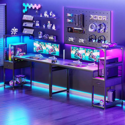 Coleshome Gaming Table with Led Lights,138×48Cm Gaming Desk with Drawers and Shelf