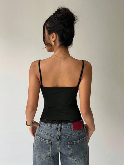 Women's Sexy Lace Trim U-Neck Basic Solid Color Slim Fit Cami Top Casual Spaghetti Straps Backless Crop Top Spring/Summer 2026