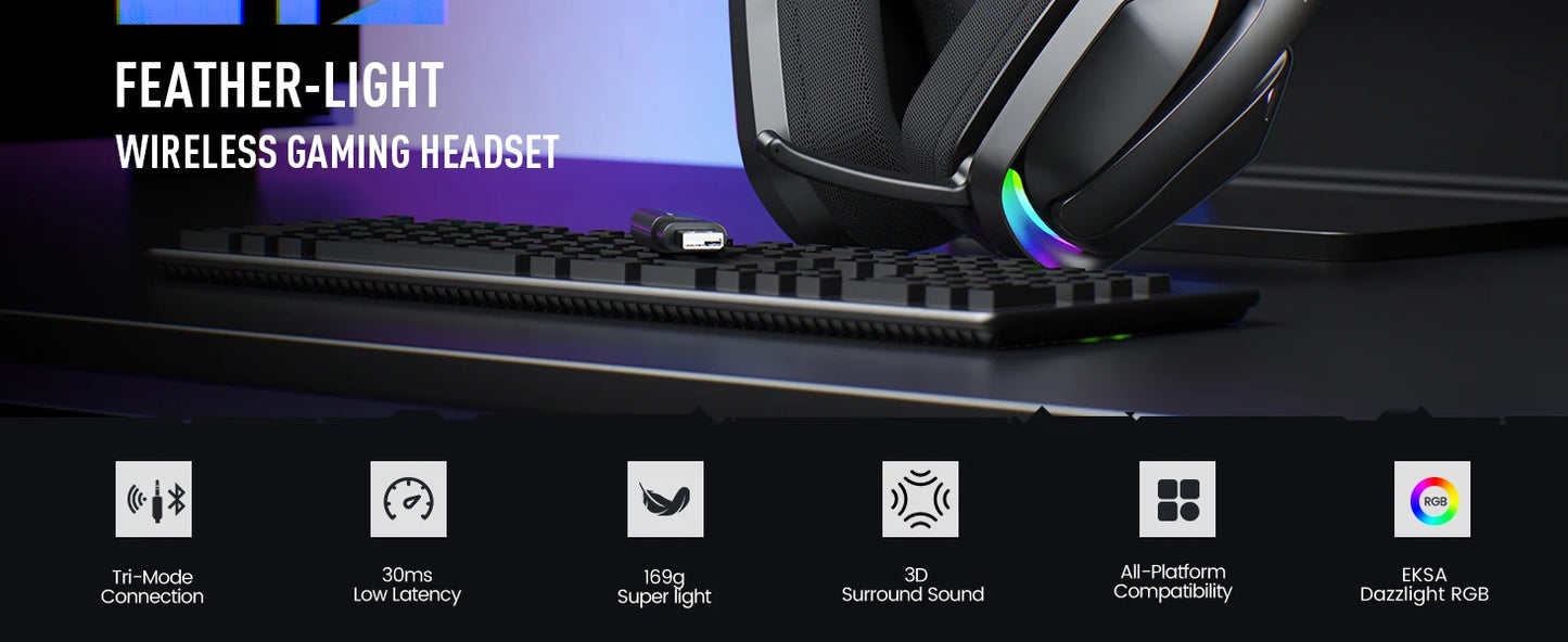 EKSA G19BT 2.4GHz Wireless Gaming Headphones Ultra-light Bluetooth 5.4 Headset Gamer with Microphone for PC/PS5/Xbox