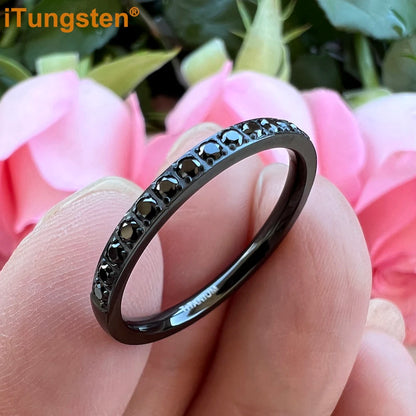 ITungsten 2/3/4mm Men Women Titanium Princess Cubic Zirconia CZ Inlay Ring Nice Eternity Engagement Wedding Band