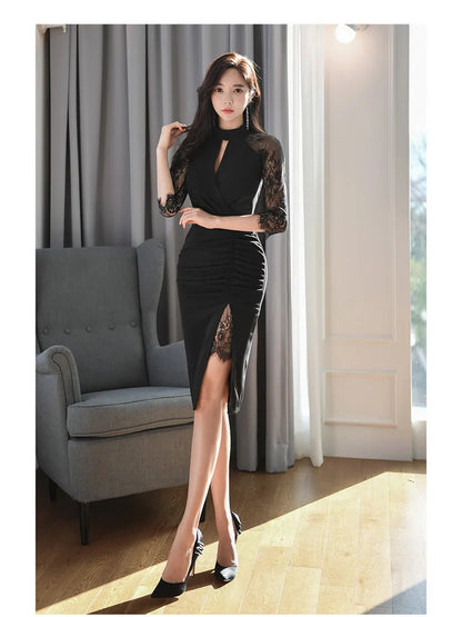 H Han Queen Hot Sale Elegant Fashion Lace Fold Split Pencil Dress Simple Series Dresses Women Korean Mid Office Casual Vestidos