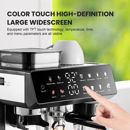 All-in-One Espresso Machine with Titanium Grinder, TFT Touchscreen, Pre-Infusion & Auto Milk Frother, Hot & Cold Brew, 8 Presets, Black/Silver