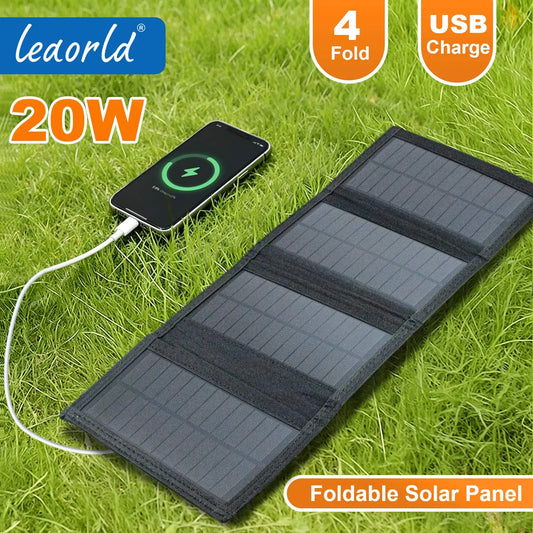 LEAORLD Vikbar Solpanel 20W – Monokristallin 21,6%, USB-A 5V/3A, Ca 550g, Hängöglor, Svart/Armygrön