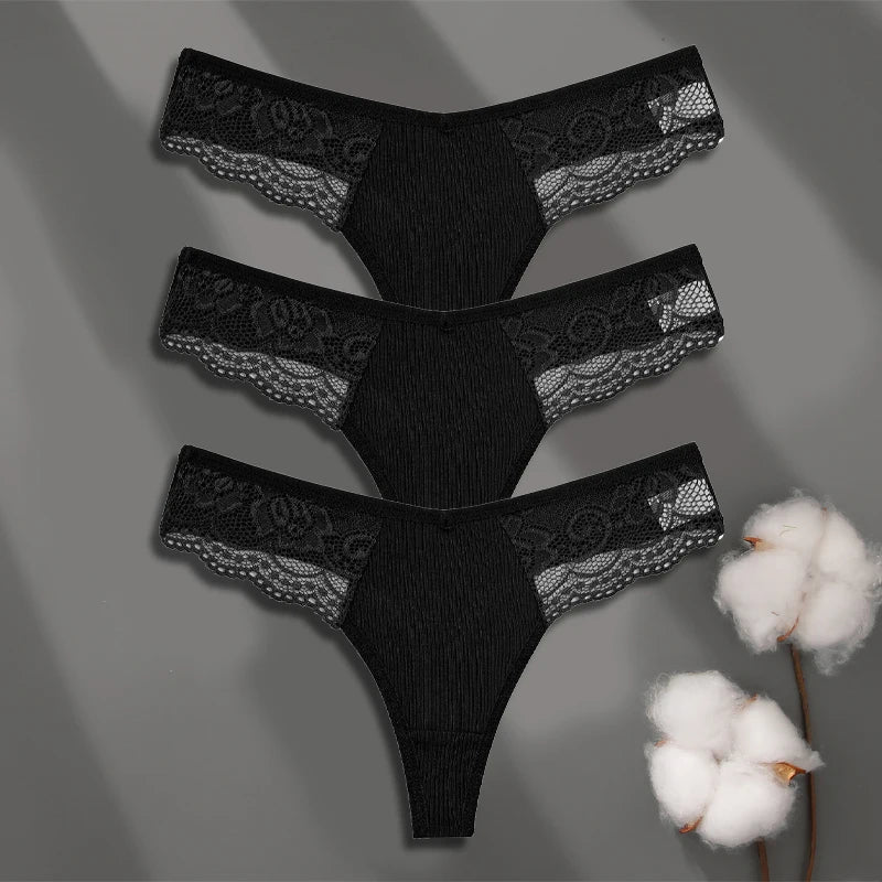 FINETOO 3-pack spetsstring i bomull med låg midja