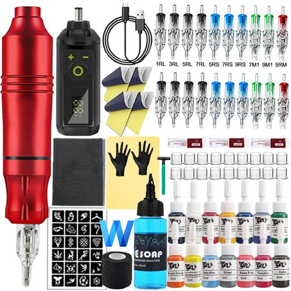 Wireless Tattoo Kit Rotary Tattoo Pen Machine 1200mAh Mini Battery Cartridge Needles Ink Set Permanent Makeup Tattoo Kits