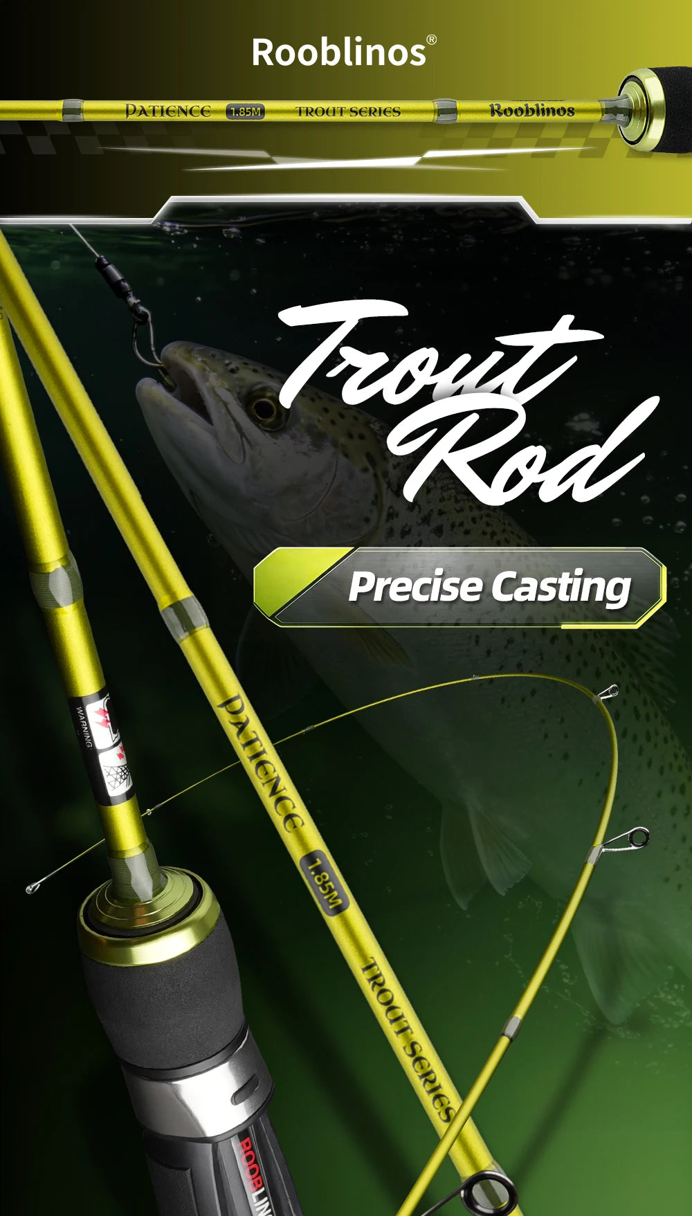 ROOBLINOS Ultralätt Öringspö 1,85m – 27T Kolfiber Fast Action Spinning 2026, Grön/Ljusgrön