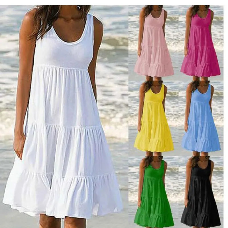Plus Size Women Causual O Neck Sleeveless Ruffles Mini Dress Boho Solid Beach Sundress Oversized Loose Dress 2025 Summer