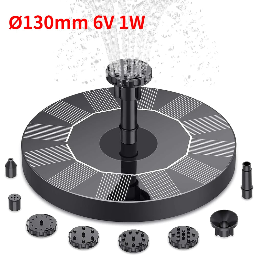 Soldriven Fontänpump för Trädgård och Fågelbad – 6 Munstycken, 1W/1,5W/2,5W