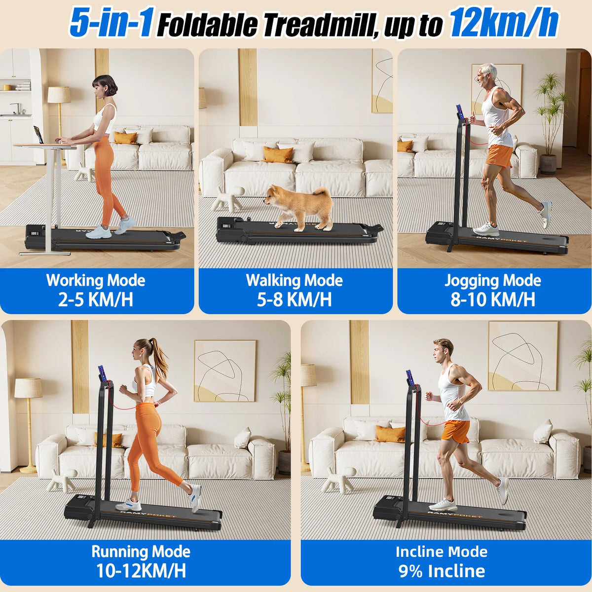 RAMYPOKET Walking Pad Foldable With Incline 9% , 2.5HP 1-10km/h Walking Pad With APP&LED, Max 150kg Treadmill For Home & Office