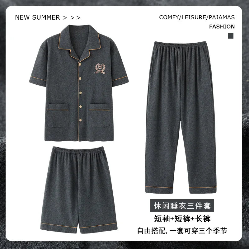 2023 New Cotton Sleepwear Men's 3 Pieces Set Homewear Plus Size 4XL Cardigan Nightwear Short Sleep Tops & Shorts & Long Pants