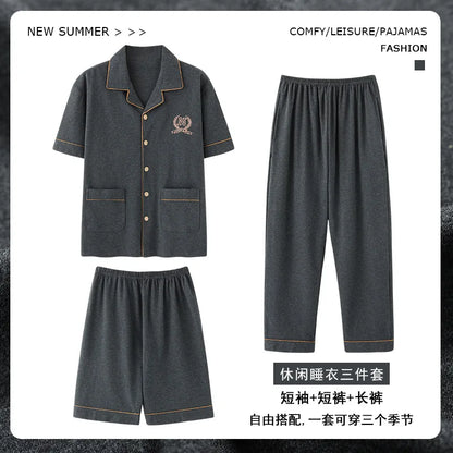 2023 New Cotton Sleepwear Men's 3 Pieces Set Homewear Plus Size 4XL Cardigan Nightwear Short Sleep Tops & Shorts & Long Pants