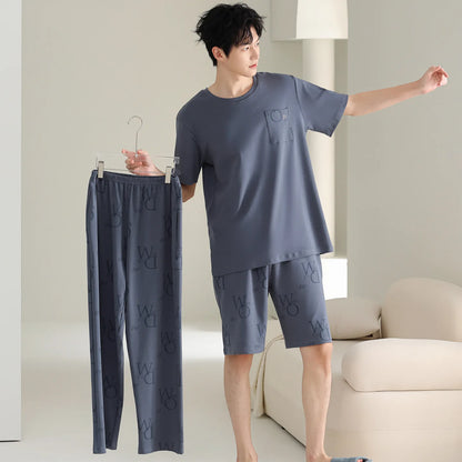 Antibacterial Cotton Pajamas for Men Summer Short Sleeve Shorts Long Pant Three-Piece Set Simple Solid Color Loose Homewear