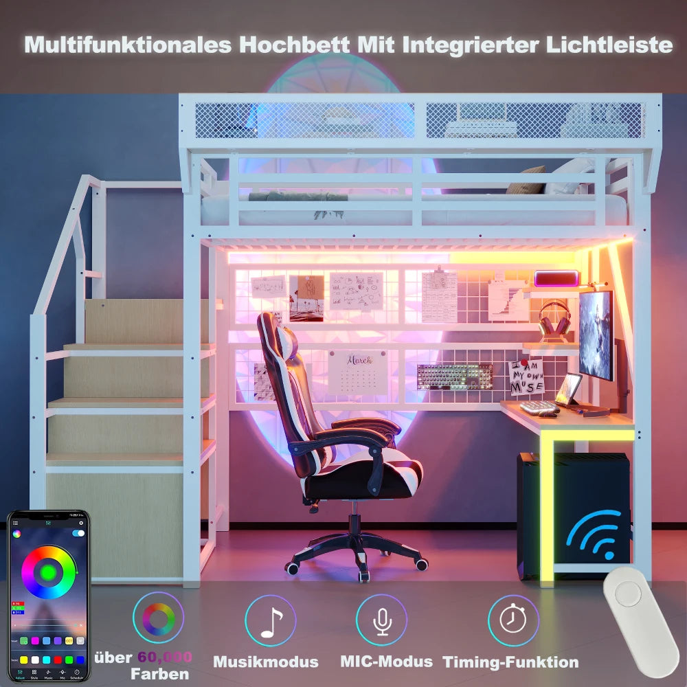 90×200cm & 140*200cm Metal High Bed, with Desk, Shelf and Storage Net, Complete with Safety Ladder, LED Lighting and Socket
