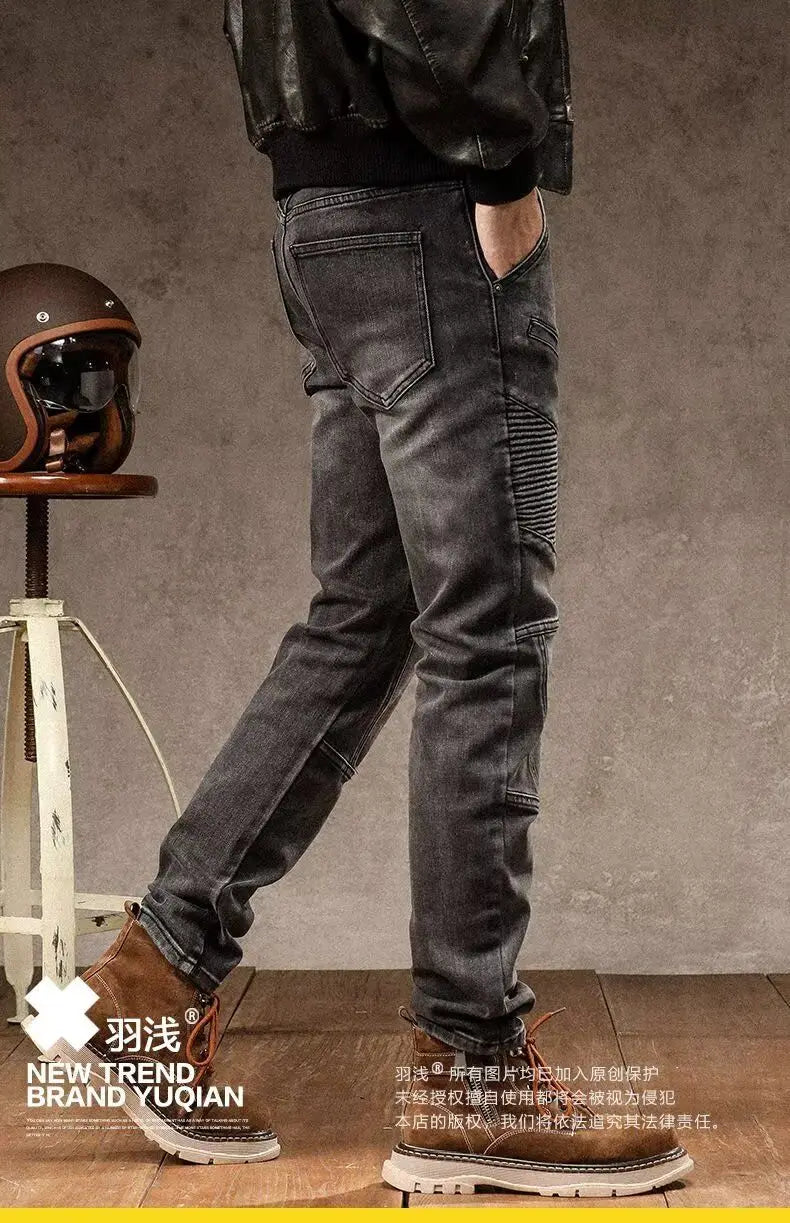 High Street Motorcycle Men's Brand Splice Pockmark Handsome 2025 Autumn Winter New Elastic Slim Fold Long Pants Casual Jeans