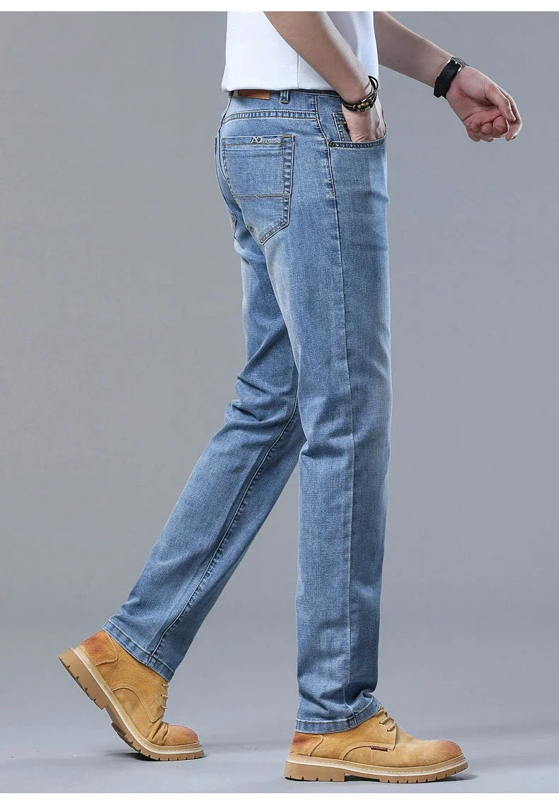 Spring and Summer Thin Men's Light Blue Slim Jeans Stylish Casual Stretch Fabric Denim Pants Classic Trousers Smoke Gray