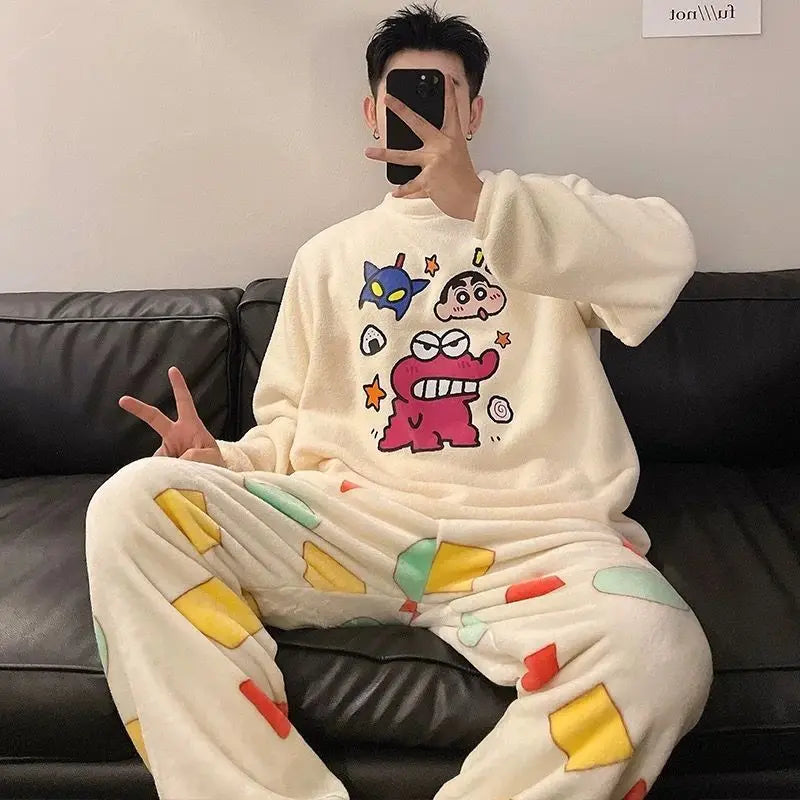 Kawaii Crayon Shin-Chan Couple Pajamas Set New Men's/women's Fashion Casual Pajama Plush Coral Fleece Winter Cartoon Homeclothes