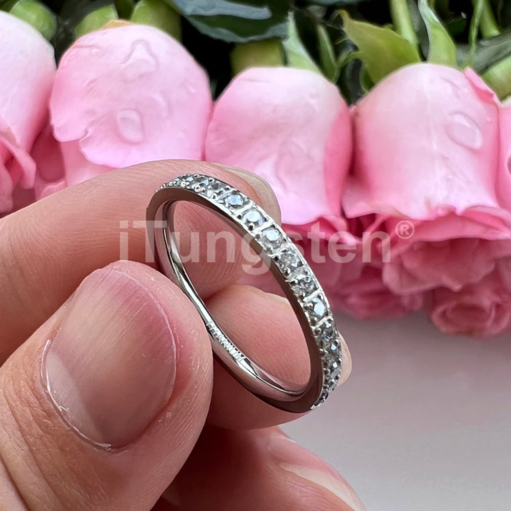 ITungsten 2/3/4mm Men Women Titanium Princess Cubic Zirconia CZ Inlay Ring Nice Eternity Engagement Wedding Band