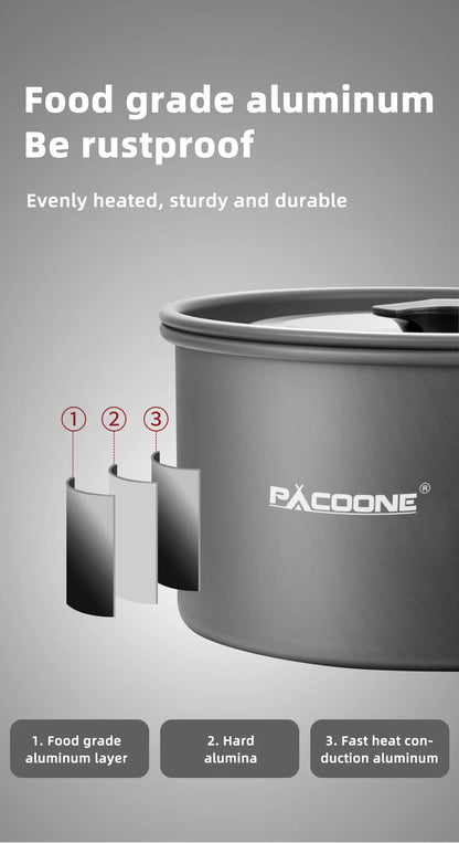 PACOONE Campingkokset – Portabelt Aluminiumset med Kastrull, Vattenkokare & Panna, Hopfällbart