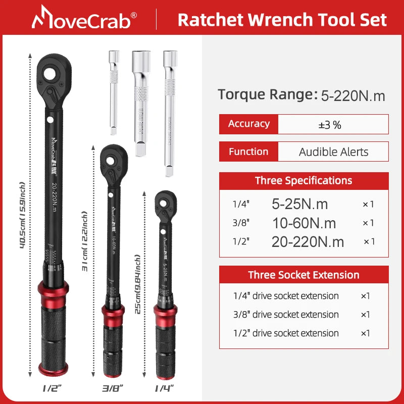 MoveCrab professionell mekanisk momentnyckelsats 6 delar 5-220 N.m
