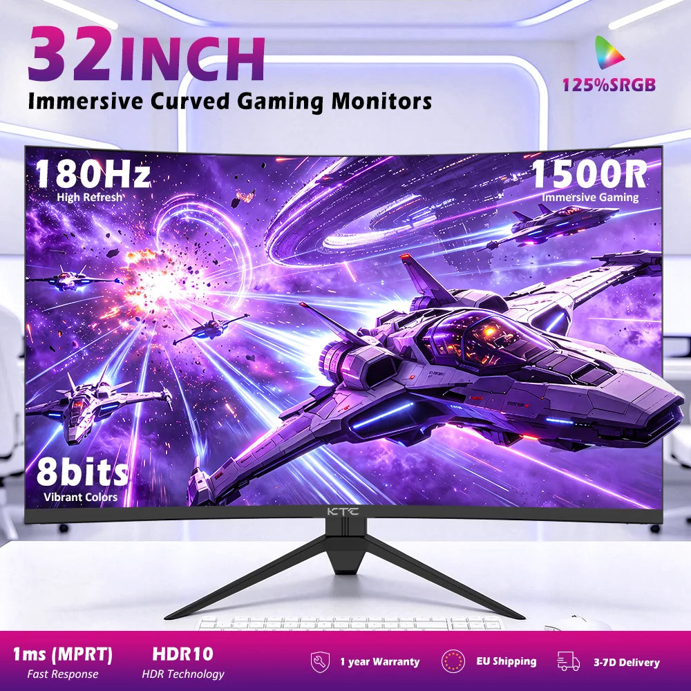 KTC 32' 1500R Curved Gaming Monitor H32S17(Hot), 2560x1440 QHD 180Hz, 16:9 ELED 99% SRGB HDR10, 1ms MPRT Response Time, Compatible with FreeSync and G-SYNC, USB HDMI 2.0 2xDP 1.4 Audio Out, Flexible Adjustment with Sturdy Tri