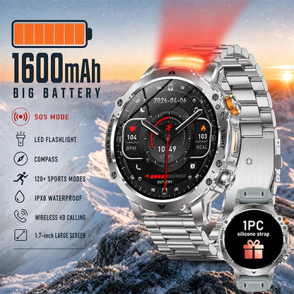 2026 New Men Outdoor Smart Watch 1.7" IPS 1600mAh  Battery Bluetooth Call IPX8 Waterproof Flashlight SOS Compass 120+Sport Modes