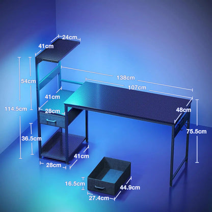 Coleshome Gaming Table with Led Lights,138×48Cm Gaming Desk with Drawers and Shelf