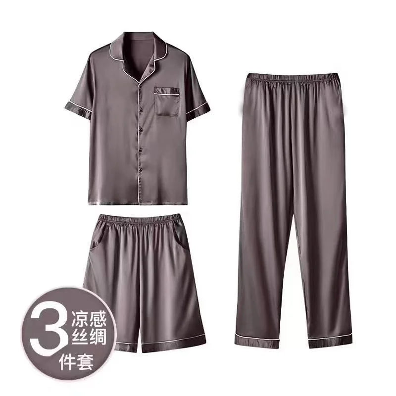 Fashion Summer Autumn 3 Piece Silk Men Pajamas Set Short Sleeve Shorts Oversize Homewear Lapel Collar Loungewear Pijamas for Man
