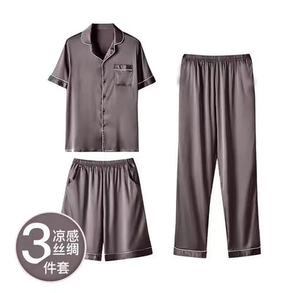Fashion Summer Autumn 3 Piece Silk Men Pajamas Set Short Sleeve Shorts Oversize Homewear Lapel Collar Loungewear Pijamas for Man