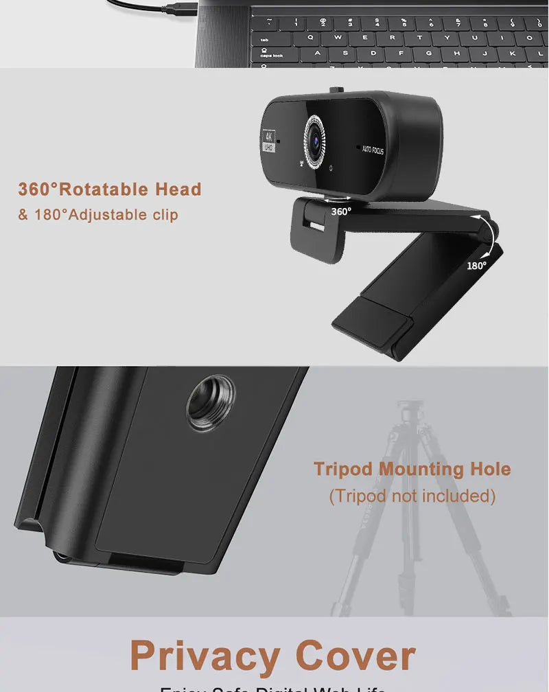 4K Webcam for PC 30fps Autofocus Web Camera With Noise Reducing Microphone Privacy Cover Auto Exposure USB 2.0 Type-C Adapter