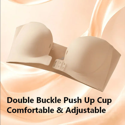 Wireless Strapless Bra Women Double Front Buckle 6Point AntiSlip 3Level 3D Molded Petal Deep V Seamless Multiway Pushup Bra 1PC