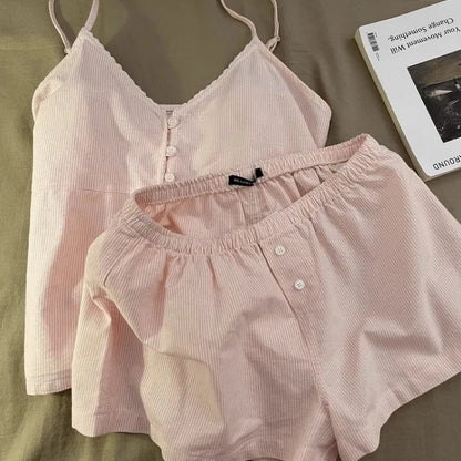 Women Summer Cami Shorts Pajama Set Girls Student Homewear Set Woman Casual Loungewear Suitable Outing Loose Sleepwear Ladies