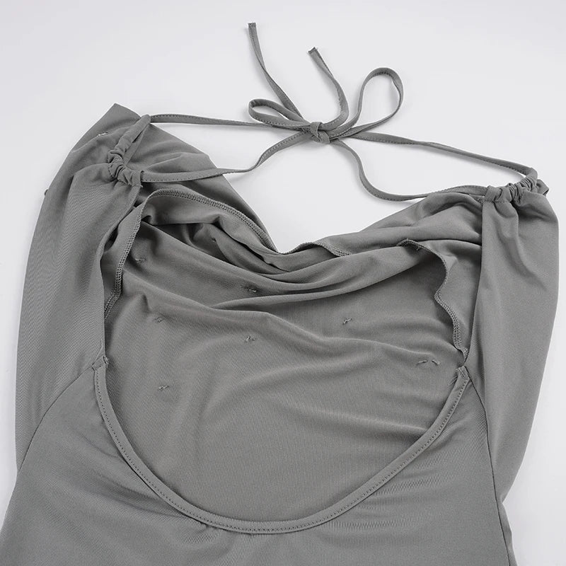 Dam Drapad Halterneck Cami Top – Djup V-ringning Knytrygg Y2K Slim Streetwear Sommar 2026, Grå S–L