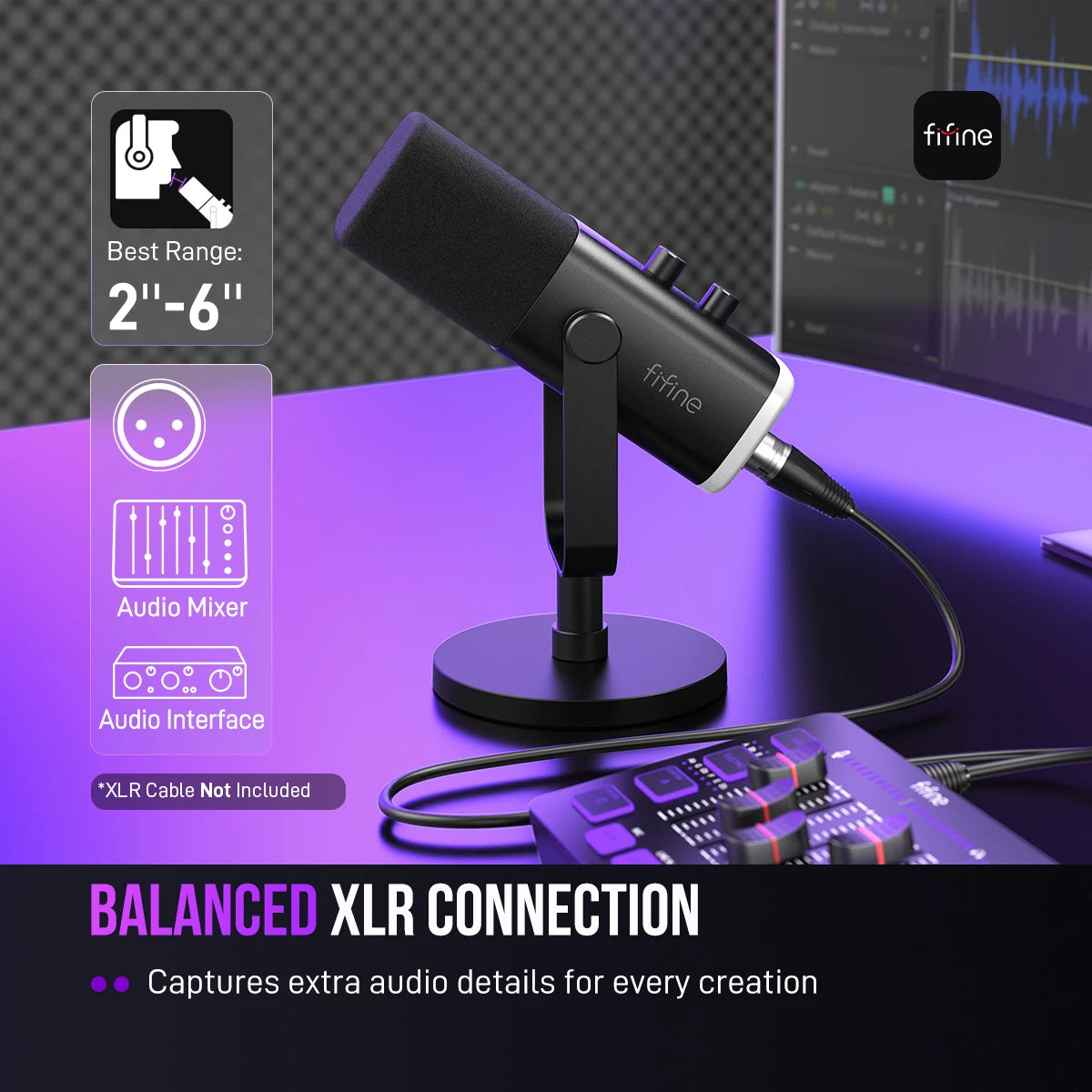 FIFINE USB/XLR dynamisk mikrofon med RGB, hörlursuttag och mute