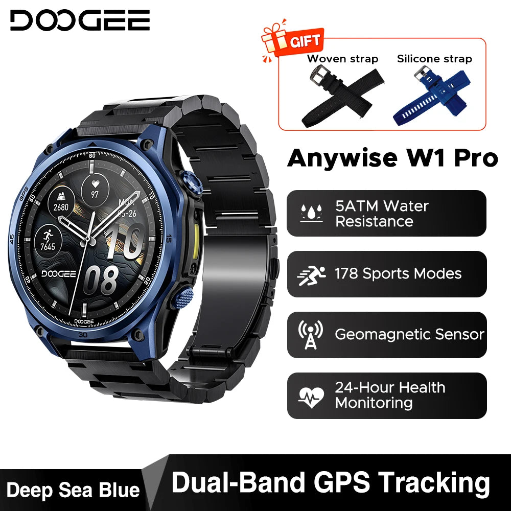 DOOGEE Anywise W1 Pro Smartklocka – 1,43" AMOLED, Offline-kartor, Dual-band GPS, 5ATM+IP68, 18 Dagars Batteri