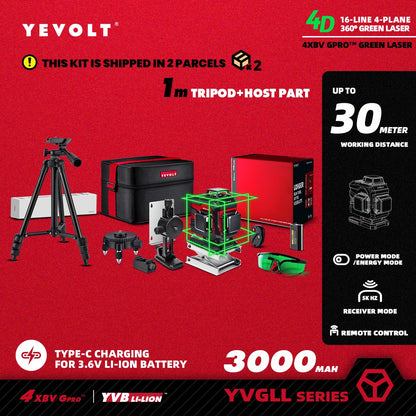 YEVOLT YVGLL4XS16 Grön Lasernivå – 4 Plan, 16 Linjer, Självnivellerande 360° 3D