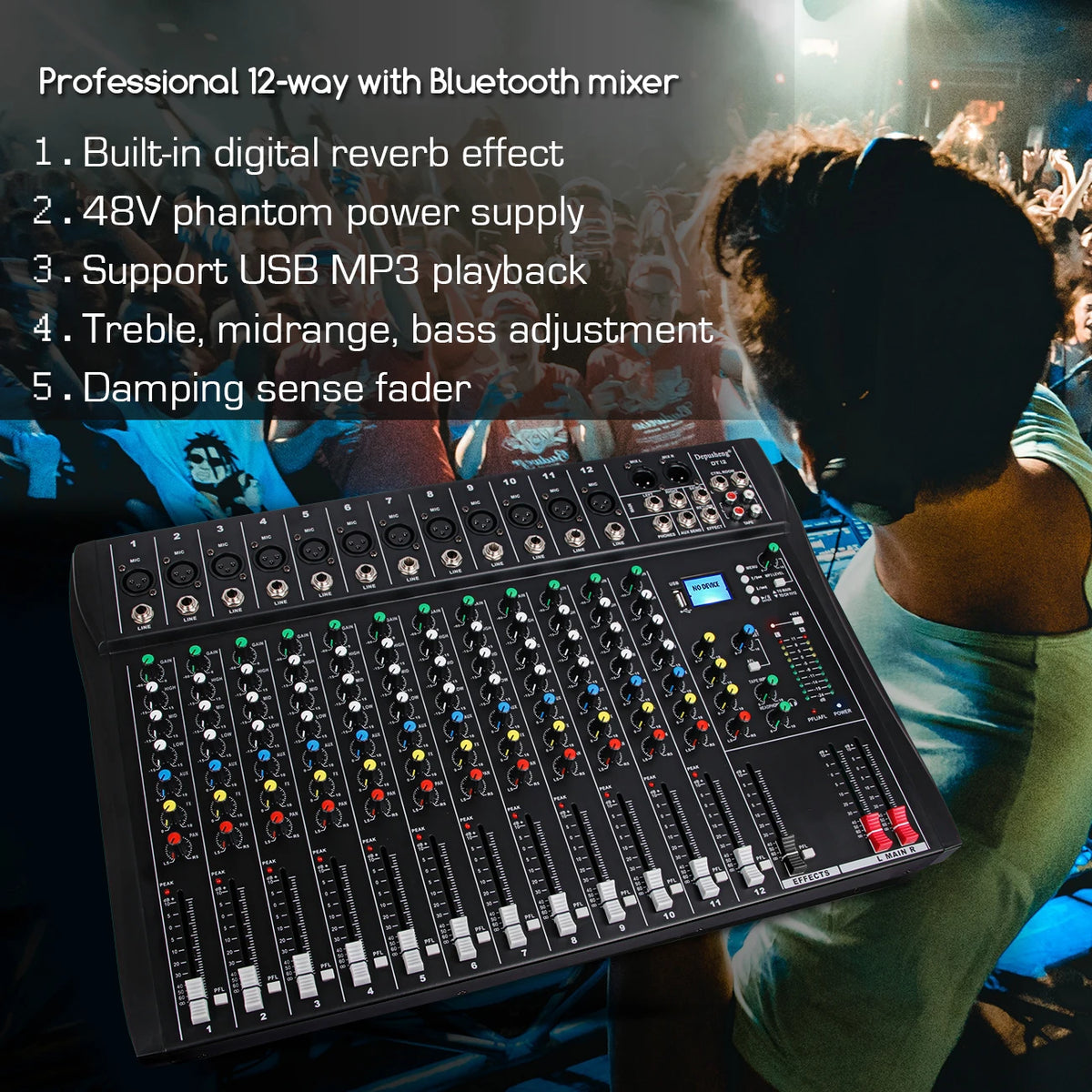 Audio Mixer 6/8/12 Channels Professional DJ Mixer LR Microphone/Line Input, AUX, FX Processor MP3, Headphones, +48V Phantom