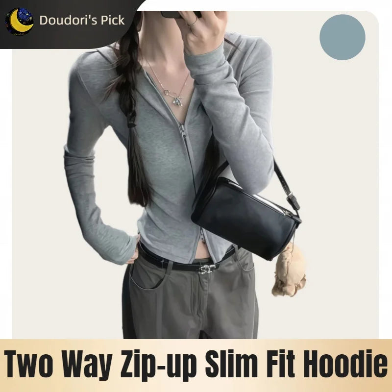 Korean Style Spring and Autumn Women's Light Gray Vertical Stripe Slim-Fit Thin Short Jacket with Two-Way Zipper Hoodie