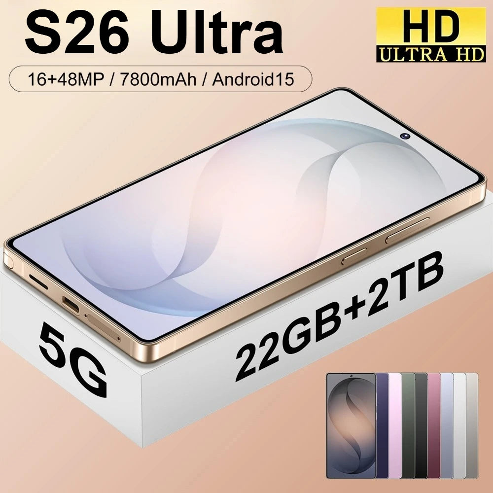 Smartphone S26 Ultra Original Android 15 Face Recognition Mobile Phones 5G Dual Card 7800mAh 7.3 inch Global Version Cellphones