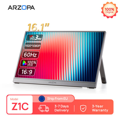 ARZOPA 16.1 inch 1920×1080 Portable Monitor HDR10 60HZ 100% SRGB External Second Screen for Laptop, PC, PS5, Mac, Xbox-Z1C Grey
