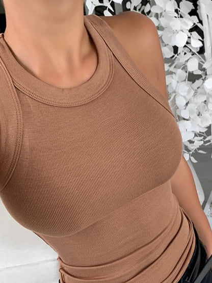 Dam Solid Rund Hals Ribbad Linne Top
