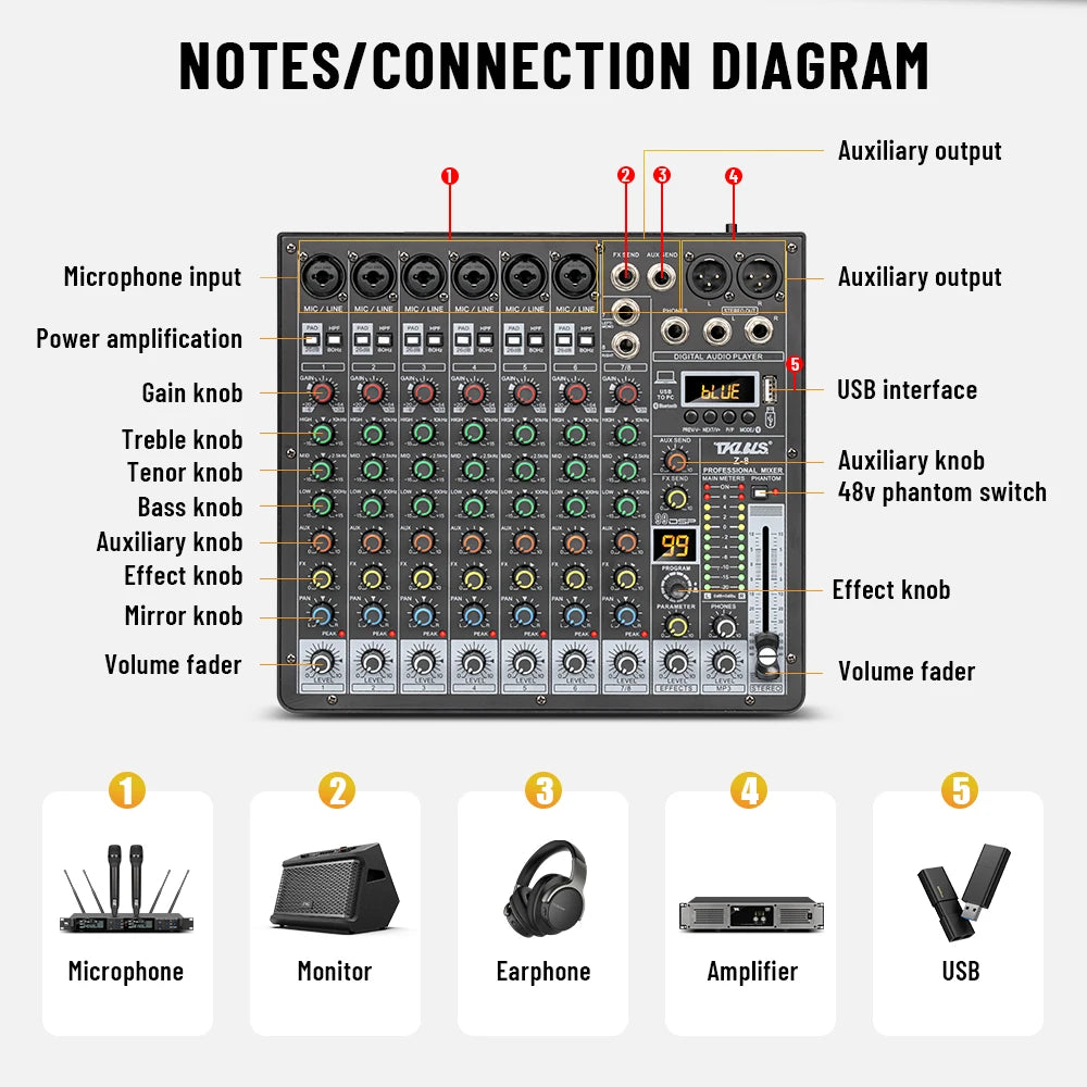 TKLBLS Z8 8 Channel Professional Mixer Bluetooth 48V 12V Battery Powered USB Studio Recording Live Show